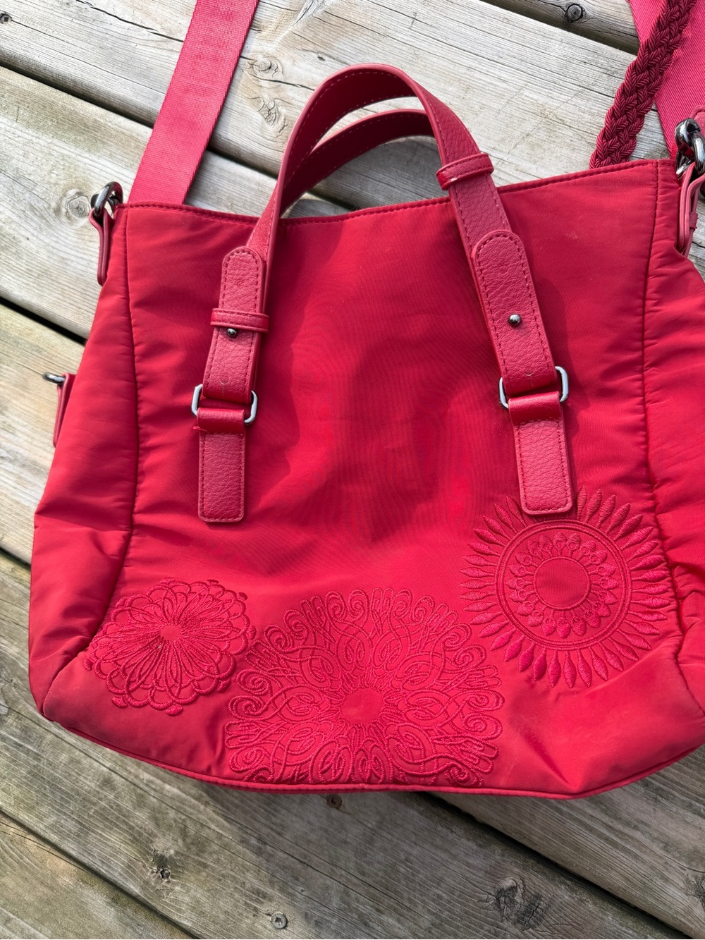 Desigual Red Embroidered Nylon Tote Bag Crossbody Purse Convertible - Picture 3 of 16